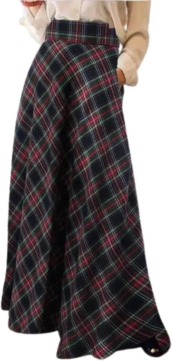 Women's Vintage Plaid Maxi Skirt High Waist Tartan Pleated A Line Long Skirt with Pockets
