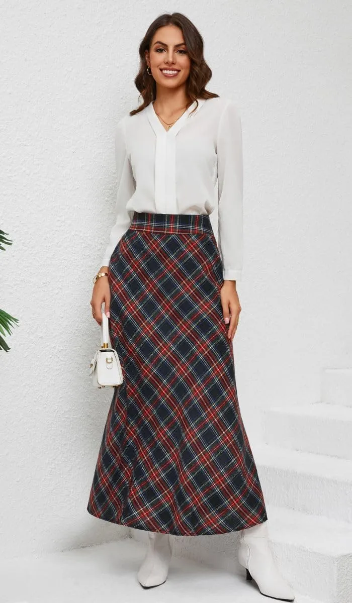 Women's Vintage Plaid Maxi Skirt High Waist Tartan Pleated A Line Long Skirt with Pockets
