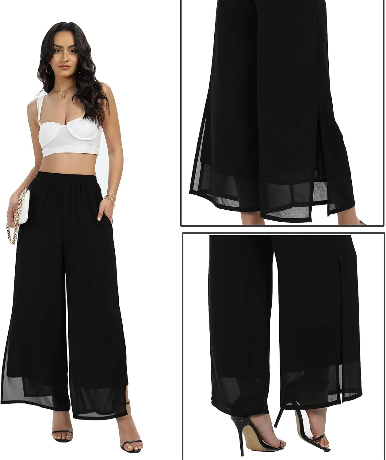 Women's Wide Leg Chiffon Dress Palazzo Pants Casual Split Hem Summer Trousers Party Club Pant