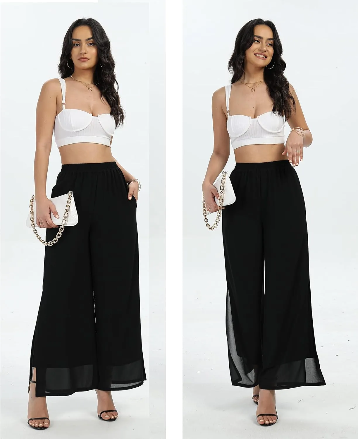 Women's Wide Leg Chiffon Dress Palazzo Pants Casual Split Hem Summer Trousers Party Club Pant