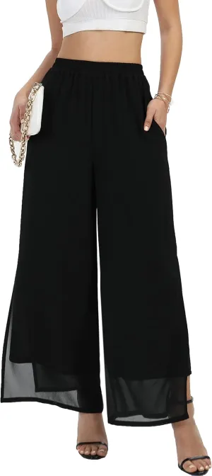 Women's Wide Leg Chiffon Dress Palazzo Pants Casual Split Hem Summer Trousers Party Club Pant