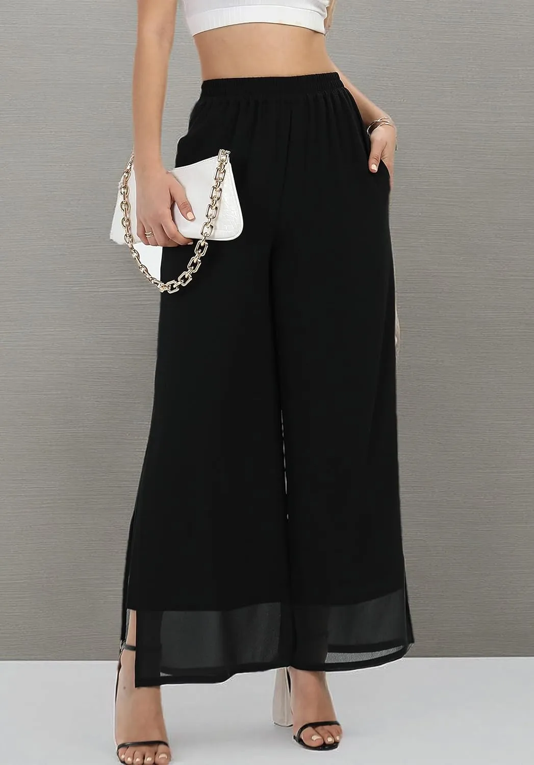 Women's Wide Leg Chiffon Dress Palazzo Pants Casual Split Hem Summer Trousers Party Club Pant
