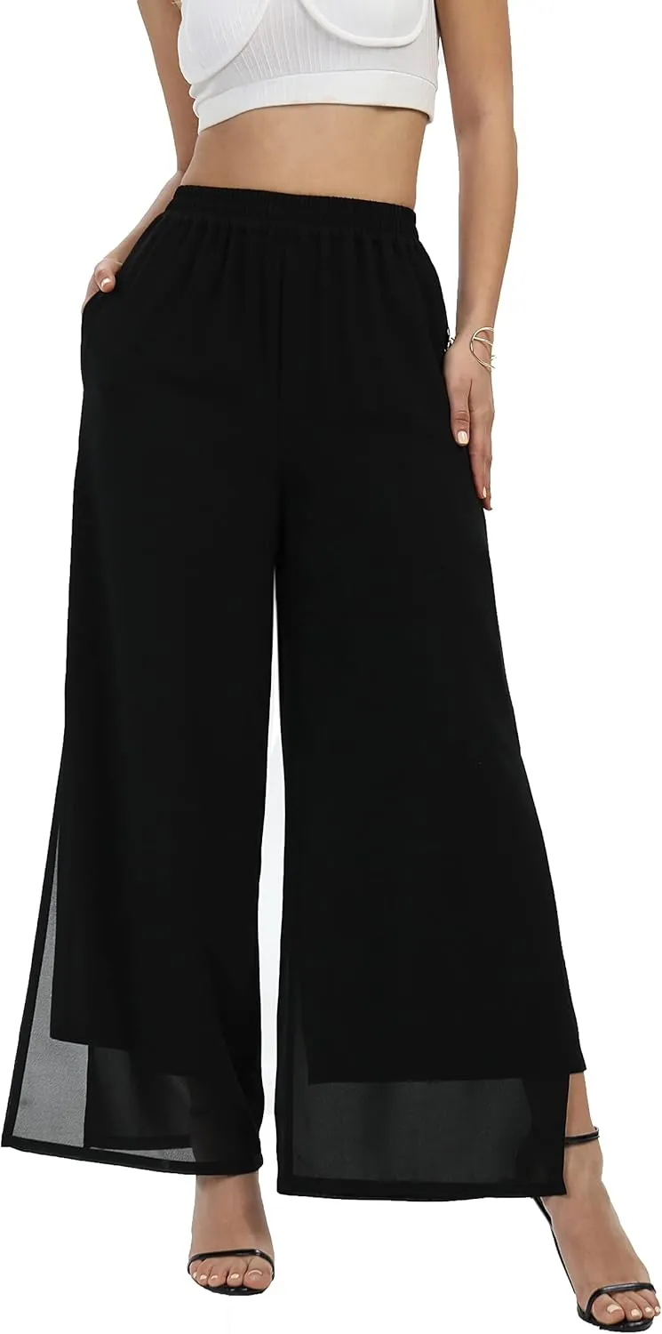 Women's Wide Leg Chiffon Dress Palazzo Pants Casual Split Hem Summer Trousers Party Club Pant