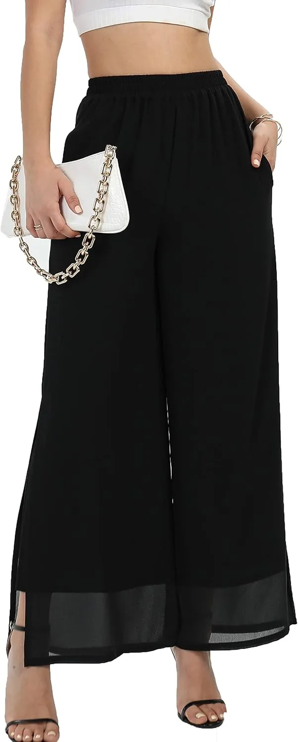 Women's Wide Leg Chiffon Dress Palazzo Pants Casual Split Hem Summer Trousers Party Club Pant