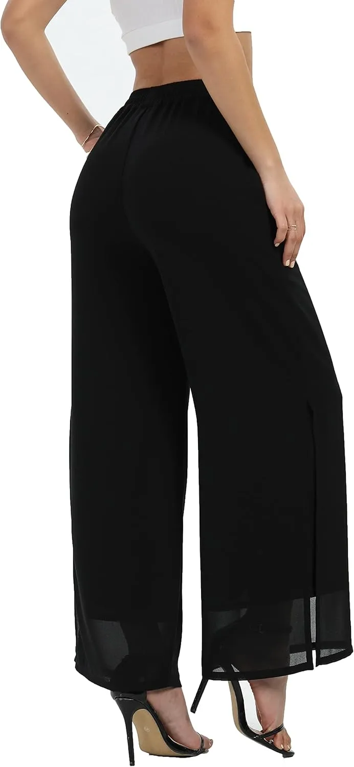 Women's Wide Leg Chiffon Dress Palazzo Pants Casual Split Hem Summer Trousers Party Club Pant