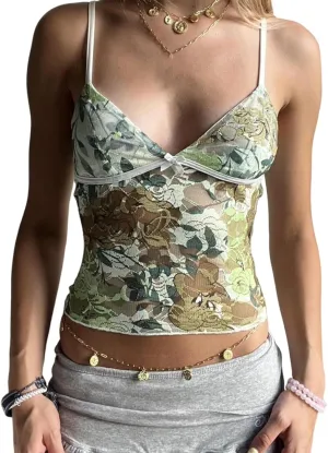 Womens y2k Floral Cami Tops Spaghetti Strap Deep V-Neck Mesh Crop Camisole Going Out Tops Party Club Streetwear
