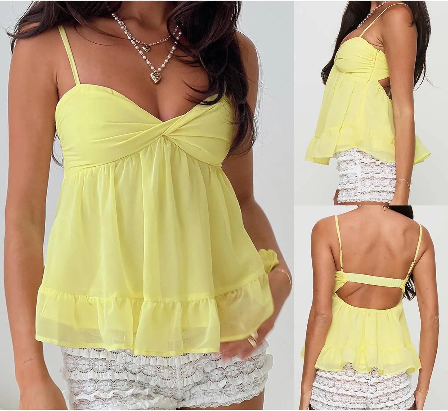 Womens Y2k Lace Crop Tops Vintage Fairy Ruched Ruffle Holiday Beach Going Out Streetwear Casual Camisole