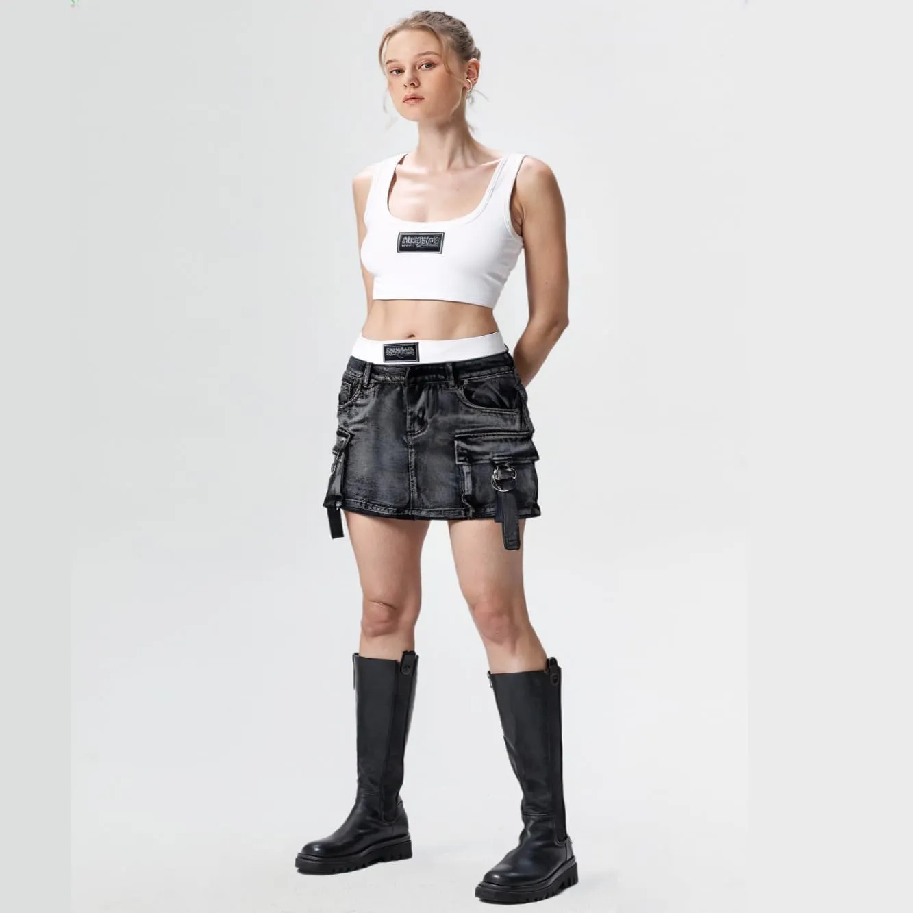 Women's Y2K Vintage Sexy Two Piece White Vest and Black Denim Skirt Set Optimization