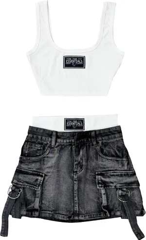 Women's Y2K Vintage Sexy Two Piece White Vest and Black Denim Skirt Set Optimization