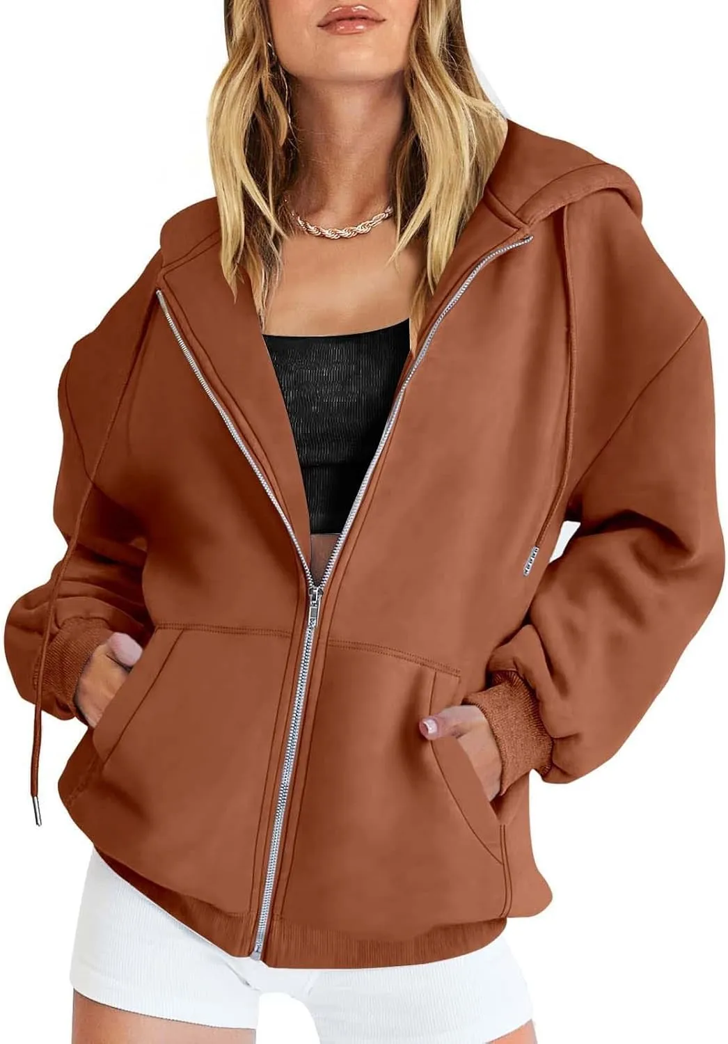 Women's Zip Up Hoodies Solid Color Oversized Sweatshirt Clothing Fall Casual Drawstring Jacket with Pockets