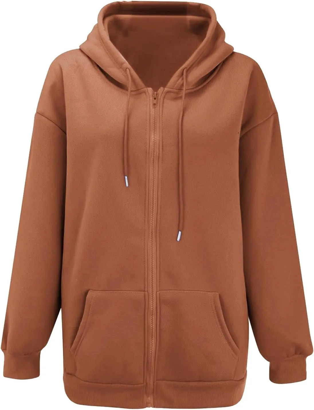 Women's Zip Up Hoodies Solid Color Oversized Sweatshirt Clothing Fall Casual Drawstring Jacket with Pockets