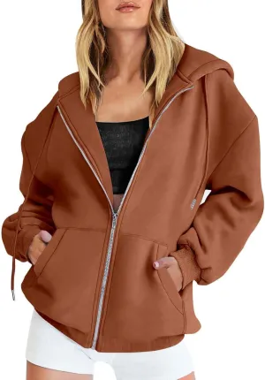 Women's Zip Up Hoodies Solid Color Oversized Sweatshirt Clothing Fall Casual Drawstring Jacket with Pockets