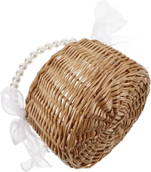 Woven Rattan Tote Bag with Basket Handles Handwoven Basket Purse for Women Summer Clutch