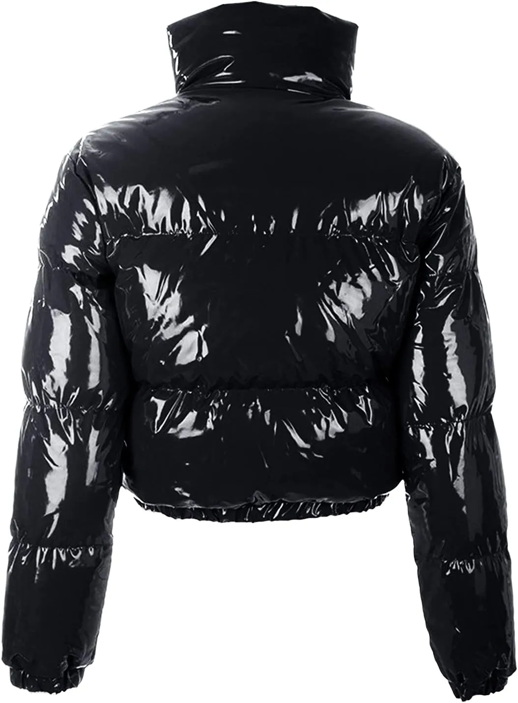 XBTCLXEBCO Women's Short Puffer Jacket Winter Long Sleeve Full Zipper Quilted Down Coat Stand Collar Crop Padded Jacket