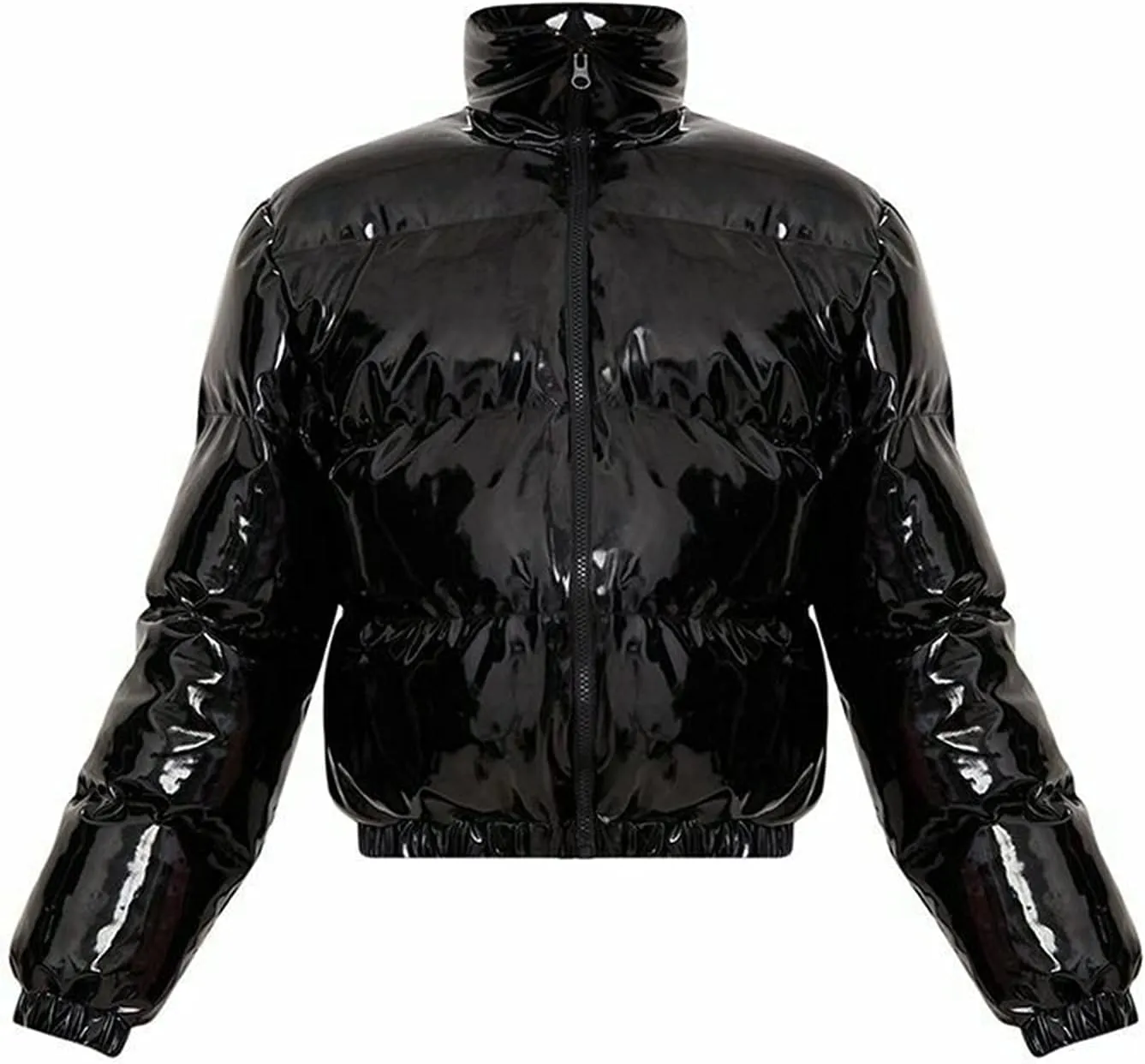 XBTCLXEBCO Women's Short Puffer Jacket Winter Long Sleeve Full Zipper Quilted Down Coat Stand Collar Crop Padded Jacket