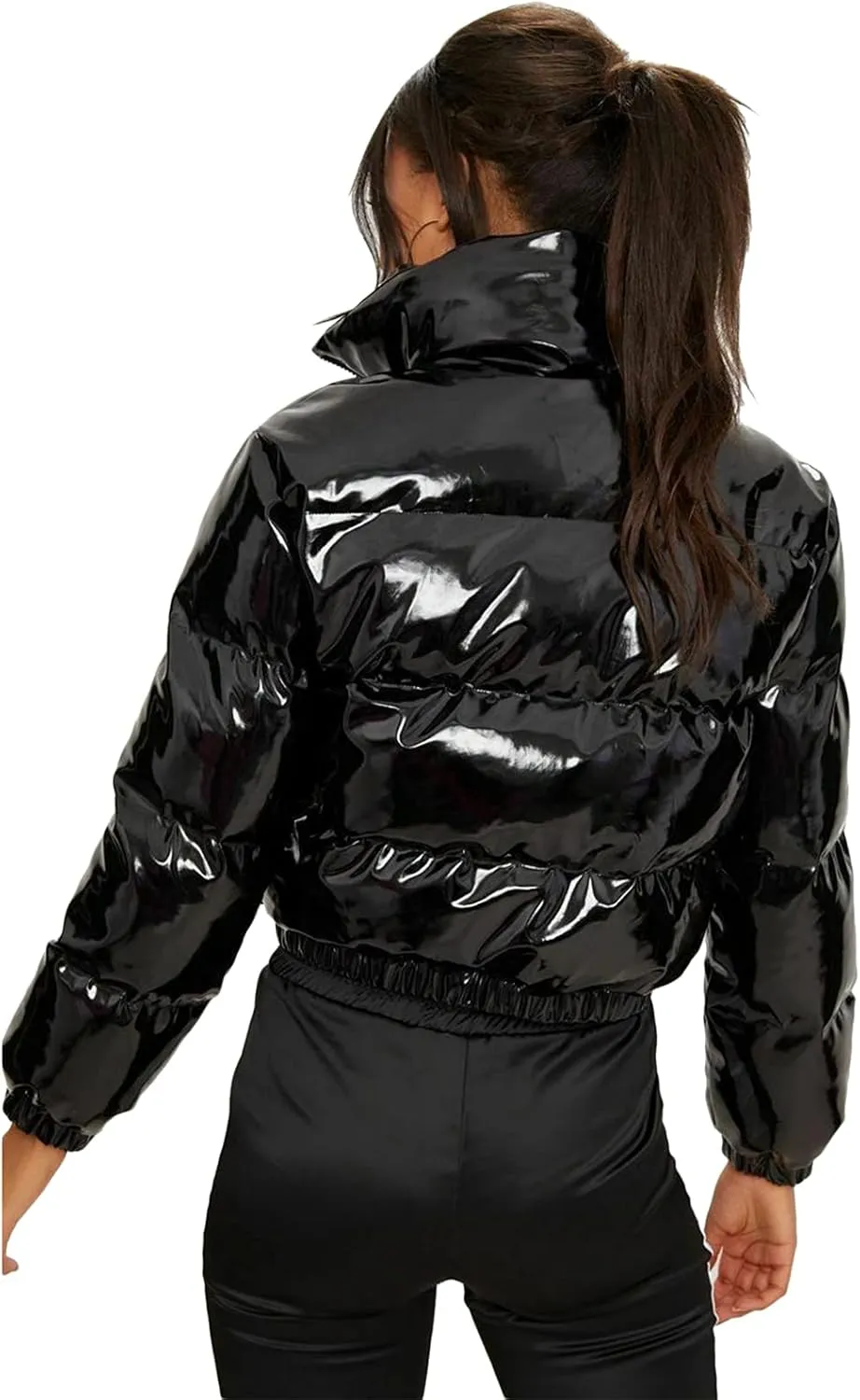 XBTCLXEBCO Women's Short Puffer Jacket Winter Long Sleeve Full Zipper Quilted Down Coat Stand Collar Crop Padded Jacket