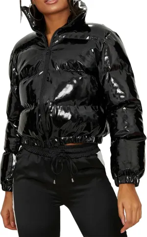 XBTCLXEBCO Women's Short Puffer Jacket Winter Long Sleeve Full Zipper Quilted Down Coat Stand Collar Crop Padded Jacket