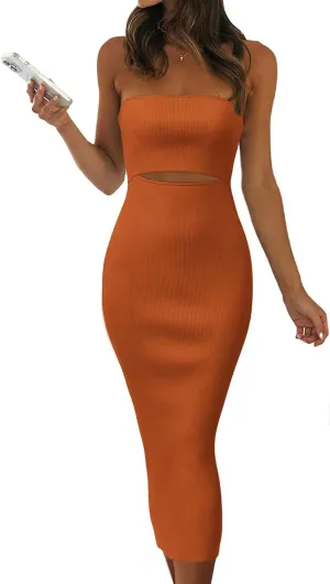 Y2k Women Strapless Knit Tube Dress Cut Out Sleeveless Bodycon Midi Dresses Backless Beach Sun Dress Summer