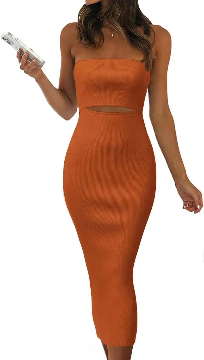 Y2k Women Strapless Knit Tube Dress Cut Out Sleeveless Bodycon Midi Dresses Backless Beach Sun Dress Summer