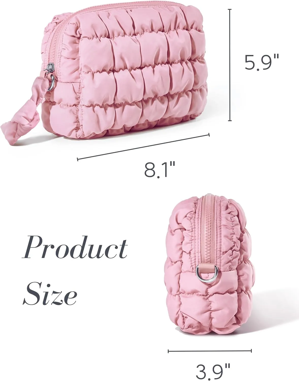 Yarnic Quilted Makeup Bag Cosmetic Bag, Travel Toiletry Bag for Women, Cute Makeup Bag Organizer Baby Pink Puffer Makeup Pouch (M, Pink)