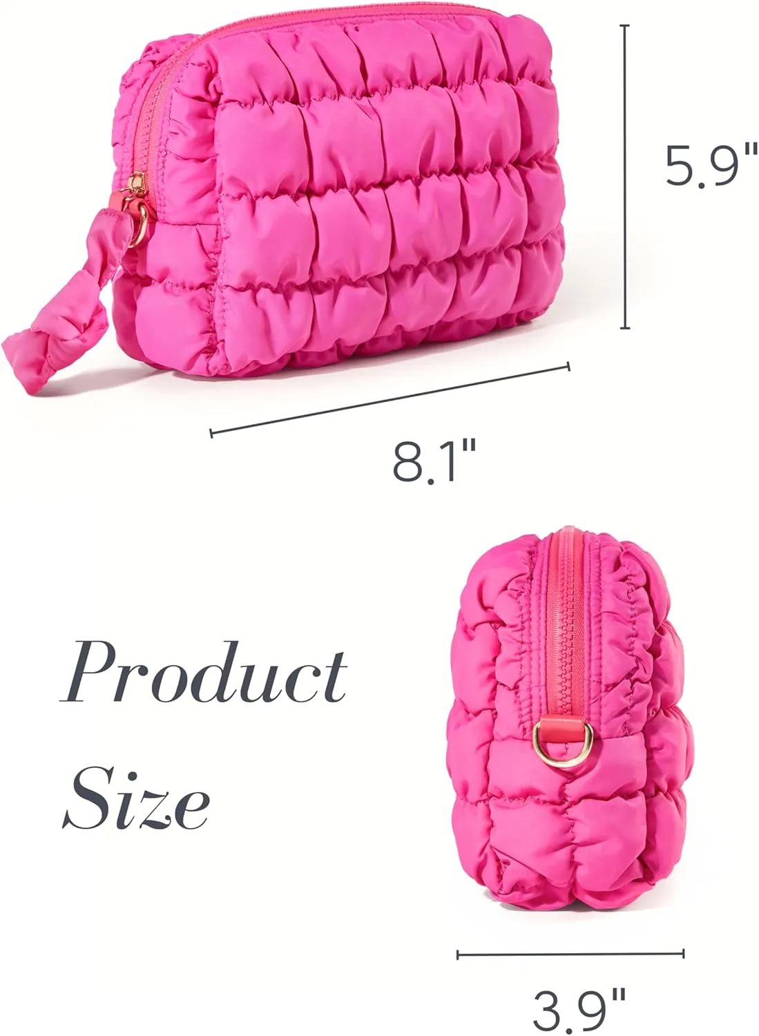 Yarnic Quilted Makeup Bag Cosmetic Bag, Travel Toiletry Bag for Women, Cute Makeup Bag Organizer Hot Pink Puffer Makeup Pouch (M, Hot Pink)