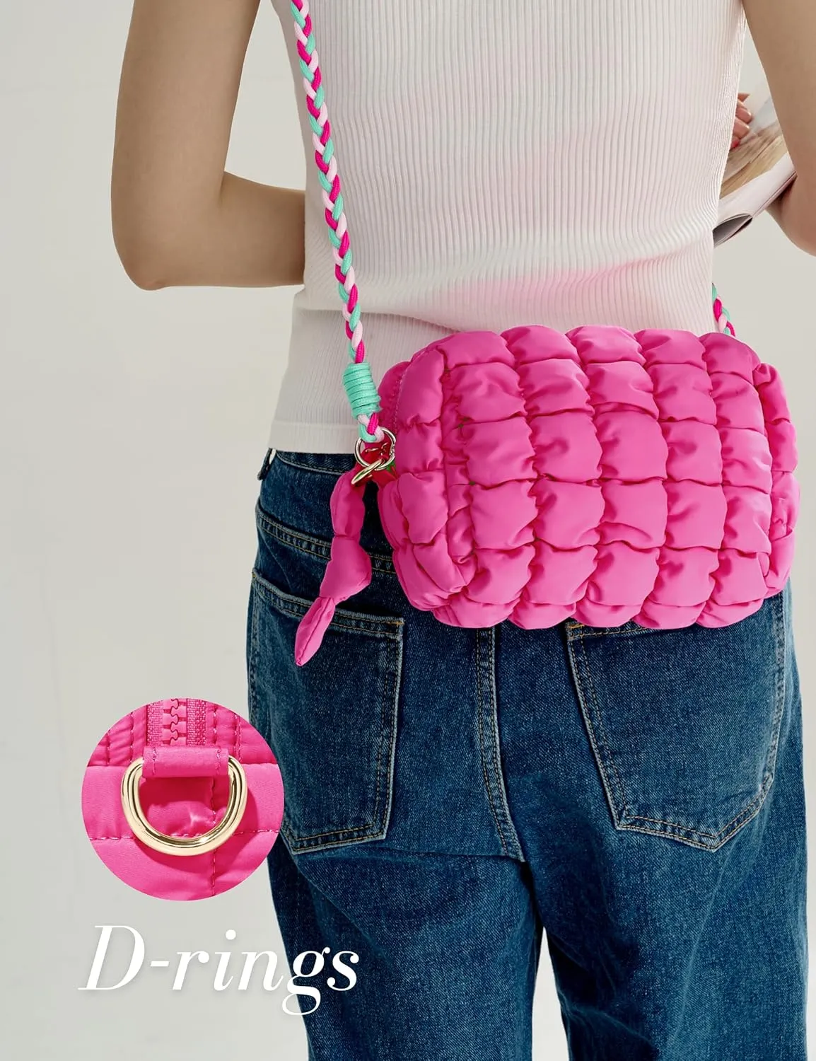 Yarnic Quilted Makeup Bag Cosmetic Bag, Travel Toiletry Bag for Women, Cute Makeup Bag Organizer Hot Pink Puffer Makeup Pouch (M, Hot Pink)