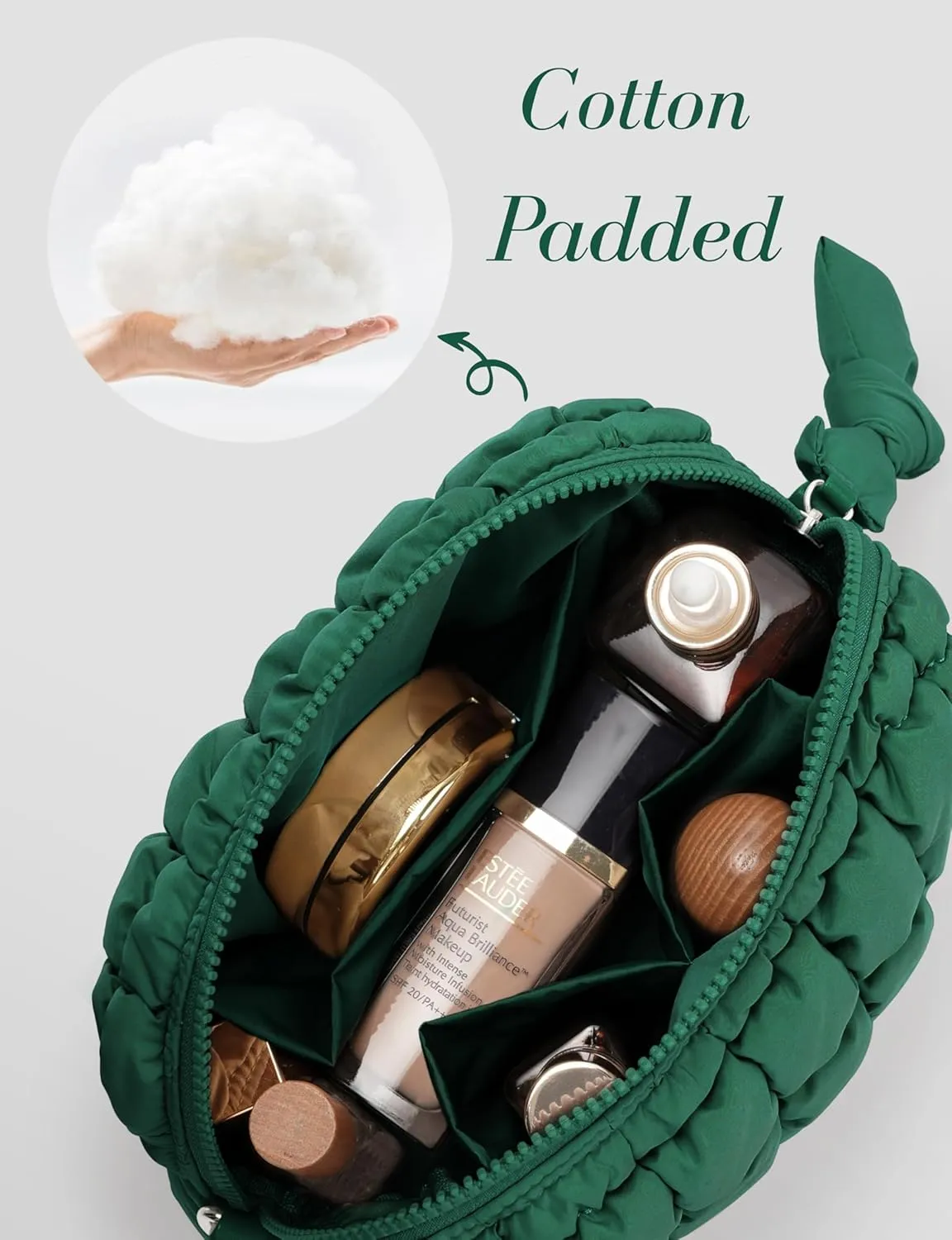 Yarnic Quilted Makeup Bag Puffy Cosmetic Bag, Quilt Travel Toiletry Bag for Women, Puff Cute Makeup Bag Organizer Puffer Makeup Pouch Soft(M, Deep Green)