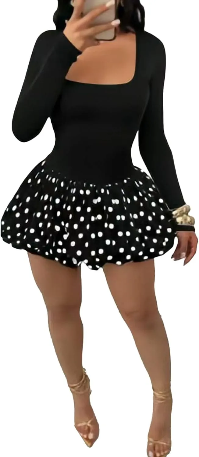 YOOTIKO Women Y2k Bubble Mini Dress Party Clubwear Sexy Square Neck Long Sleeve Cute Puffy Dress