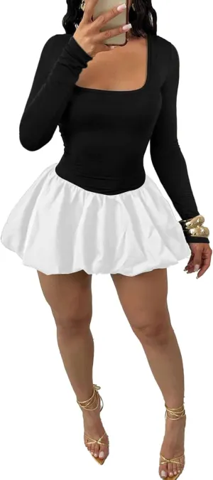 YOOTIKO Women Y2k Bubble Mini Dress Party Clubwear Sexy Square Neck Long Sleeve Cute Puffy Dress