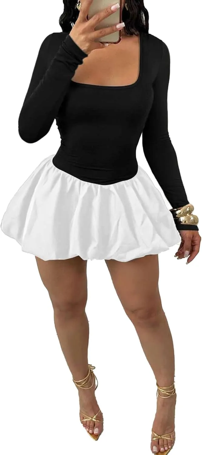 YOOTIKO Women Y2k Bubble Mini Dress Party Clubwear Sexy Square Neck Long Sleeve Cute Puffy Dress