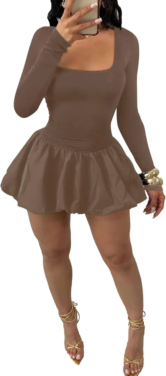 YOOTIKO Women Y2k Bubble Mini Dress Party Clubwear Sexy Square Neck Long Sleeve Cute Puffy Dress