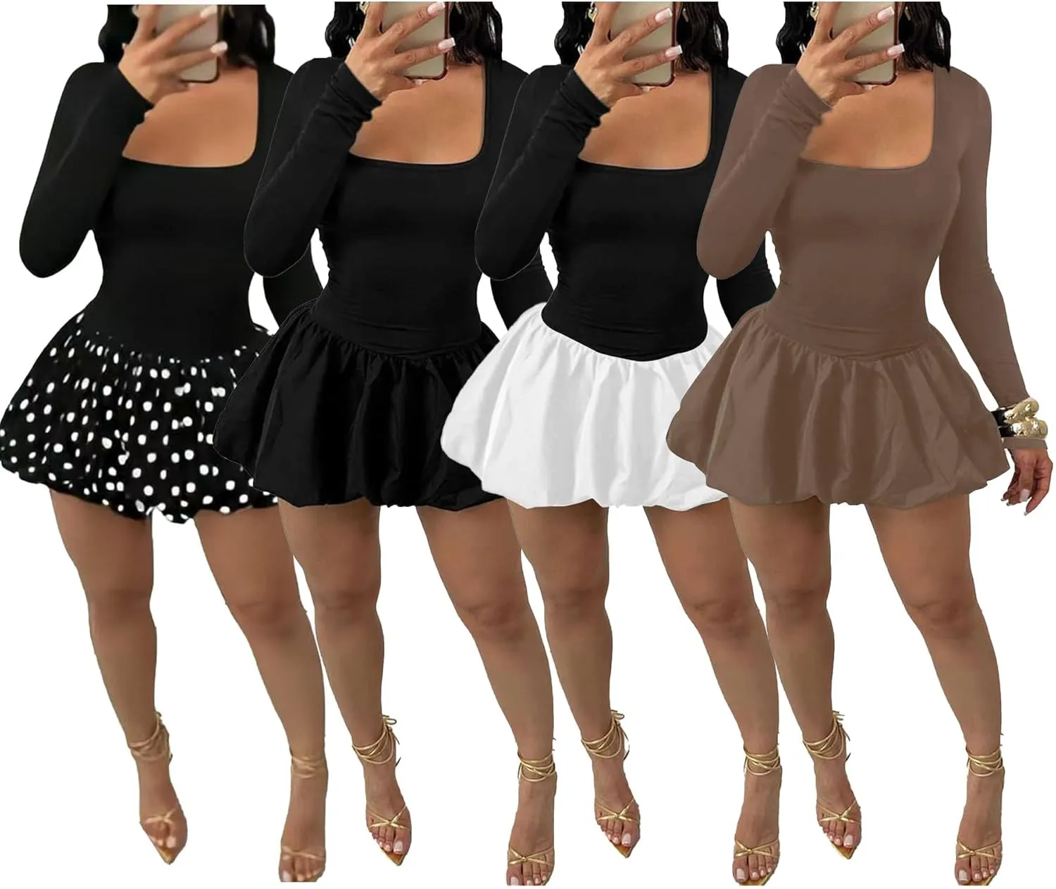 YOOTIKO Women Y2k Bubble Mini Dress Party Clubwear Sexy Square Neck Long Sleeve Cute Puffy Dress