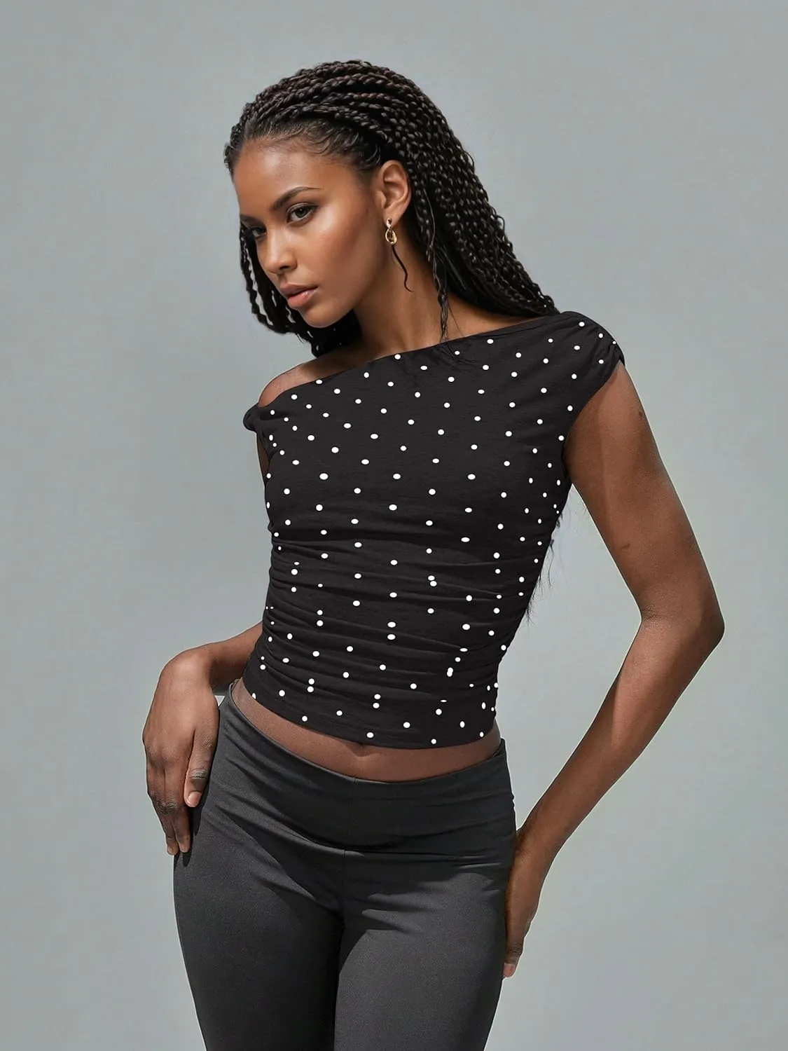 Ythomm Womens Polka Dot One Off Shoulder Crop Tank Tops Asymmetrical Neck Side Ruched Sleeveless Tops Going Out Casual Shirts