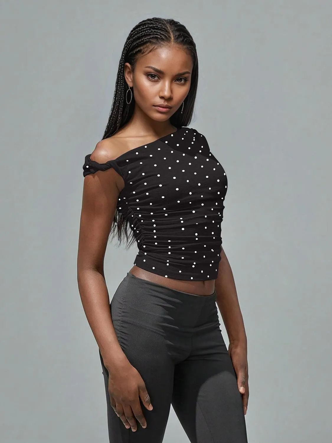 Ythomm Womens Polka Dot One Off Shoulder Crop Tank Tops Asymmetrical Neck Side Ruched Sleeveless Tops Going Out Casual Shirts