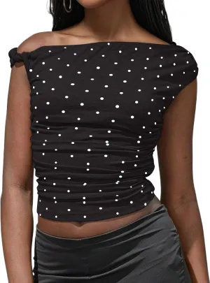 Ythomm Womens Polka Dot One Off Shoulder Crop Tank Tops Asymmetrical Neck Side Ruched Sleeveless Tops Going Out Casual Shirts
