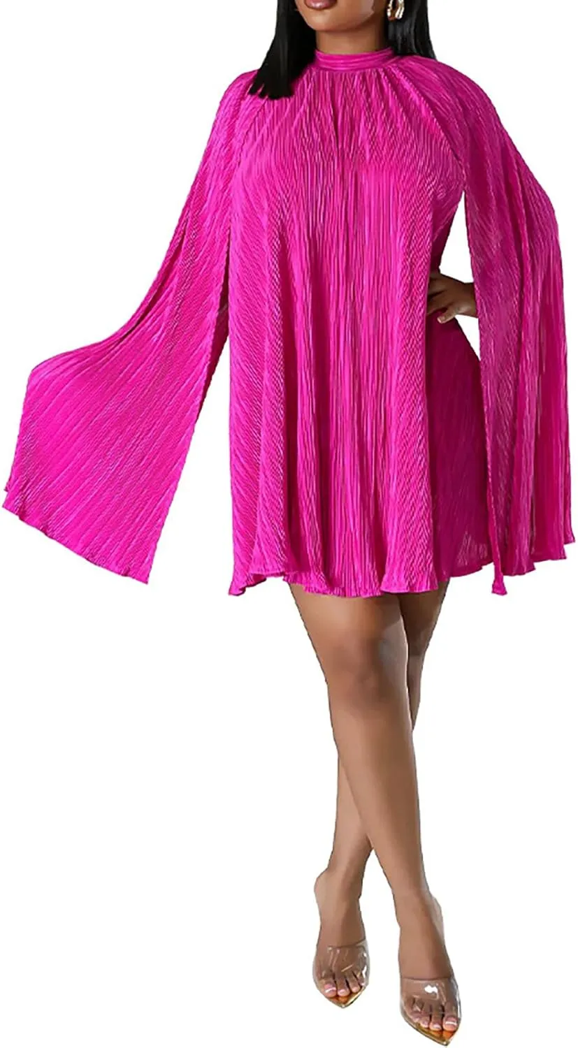 Yuopeid Women's Mock Neck Cloak Sleeve Loose Casual Mini Dresses Fashion Pleated Flowy Hem Cocktail Party Short Dress