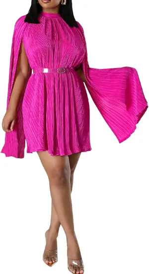 Yuopeid Women's Mock Neck Cloak Sleeve Loose Casual Mini Dresses Fashion Pleated Flowy Hem Cocktail Party Short Dress