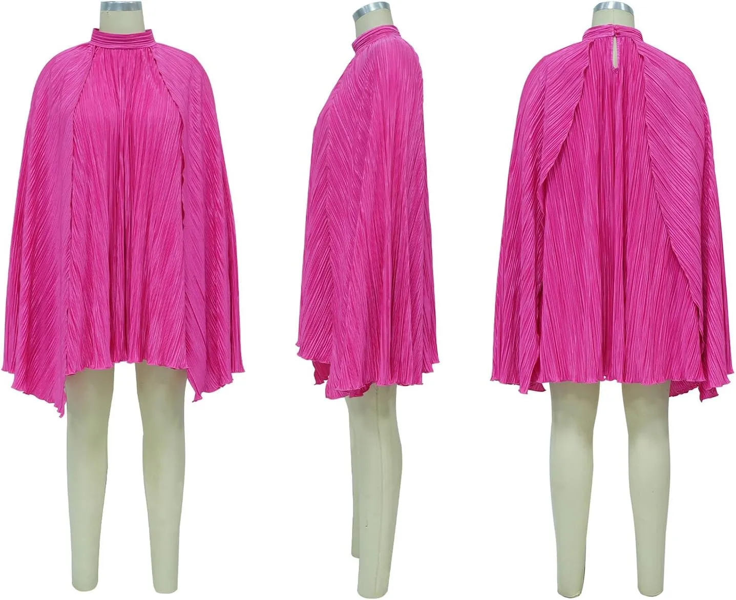 Yuopeid Women's Mock Neck Cloak Sleeve Loose Casual Mini Dresses Fashion Pleated Flowy Hem Cocktail Party Short Dress