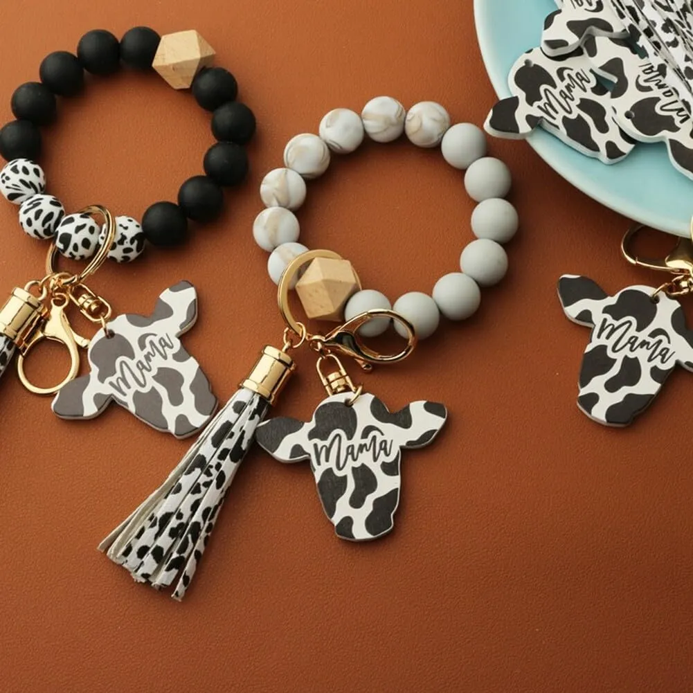 Zcargel Keychain For Women, Bracelet Silicone Key Ring Wristlet With Leather Tassel Bead String Wallet Hanging Keyrings