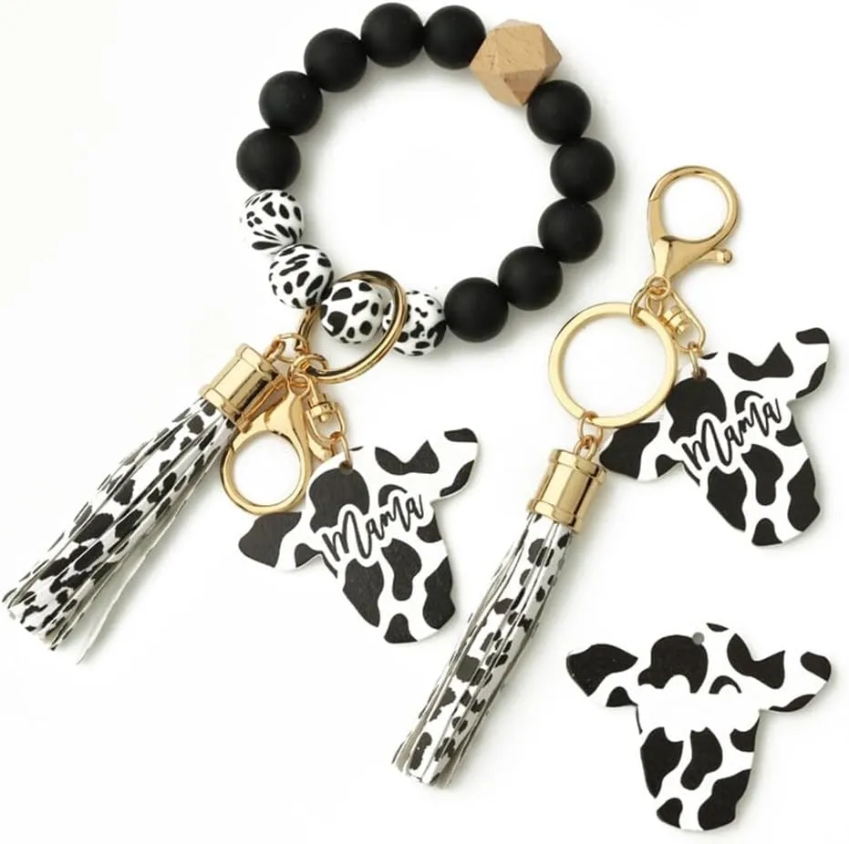Zcargel Keychain For Women, Bracelet Silicone Key Ring Wristlet With Leather Tassel Bead String Wallet Hanging Keyrings