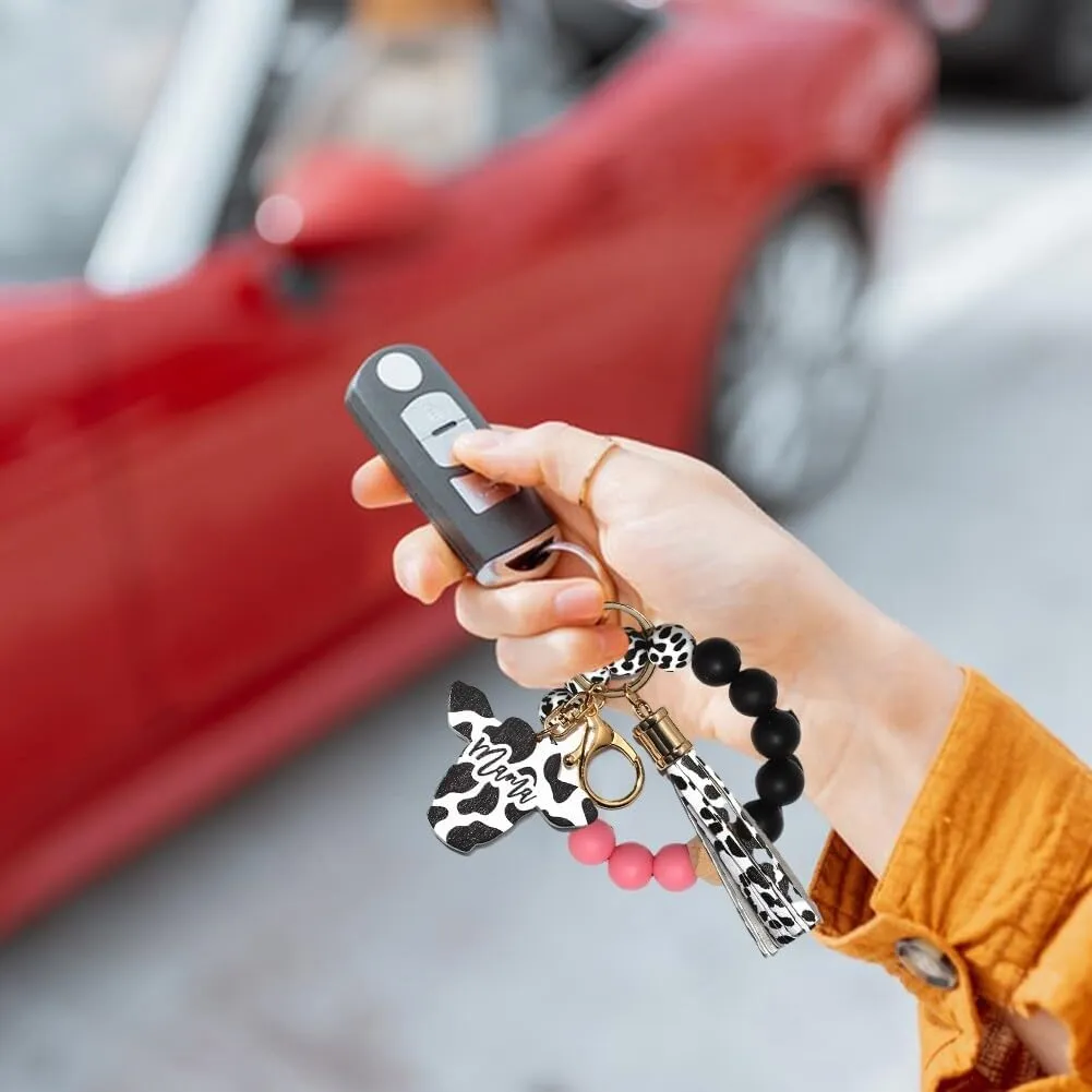 Zcargel Keychain For Women, Bracelet Silicone Key Ring Wristlet With Leather Tassel Bead String Wallet Hanging Keyrings