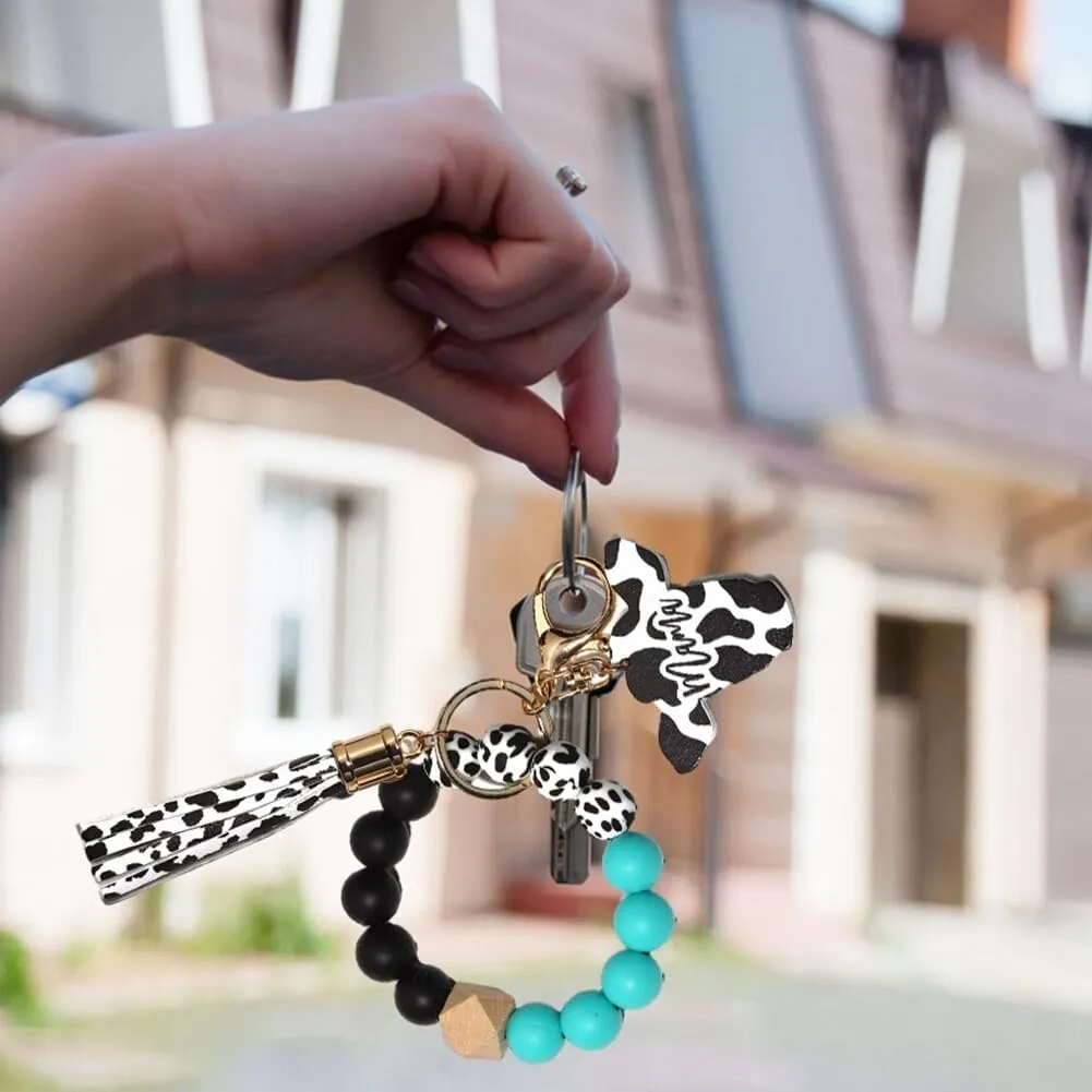 Zcargel Keychain For Women, Bracelet Silicone Key Ring Wristlet With Leather Tassel Bead String Wallet Hanging Keyrings