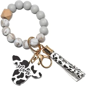 Zcargel Keychain For Women, Bracelet Silicone Key Ring Wristlet With Leather Tassel Bead String Wallet Hanging Keyrings