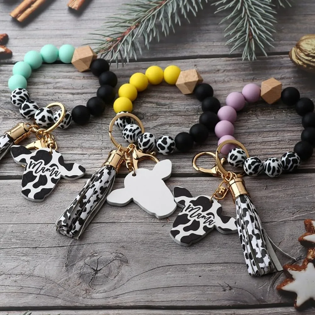 Zcargel Keychain For Women, Bracelet Silicone Key Ring Wristlet With Leather Tassel Bead String Wallet Hanging Keyrings