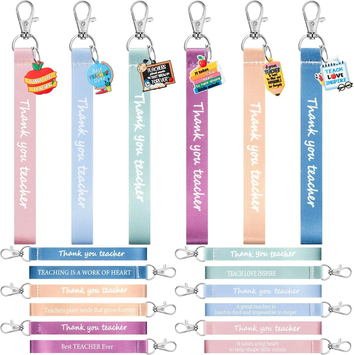 Zomiboo 24 Pcs Teacher Appreciation Gifts Bulk Teacher Wristlet Keychains Inspiring Key Rings with Polyester Webbing Wristbands for Women Men Thank You Gifts