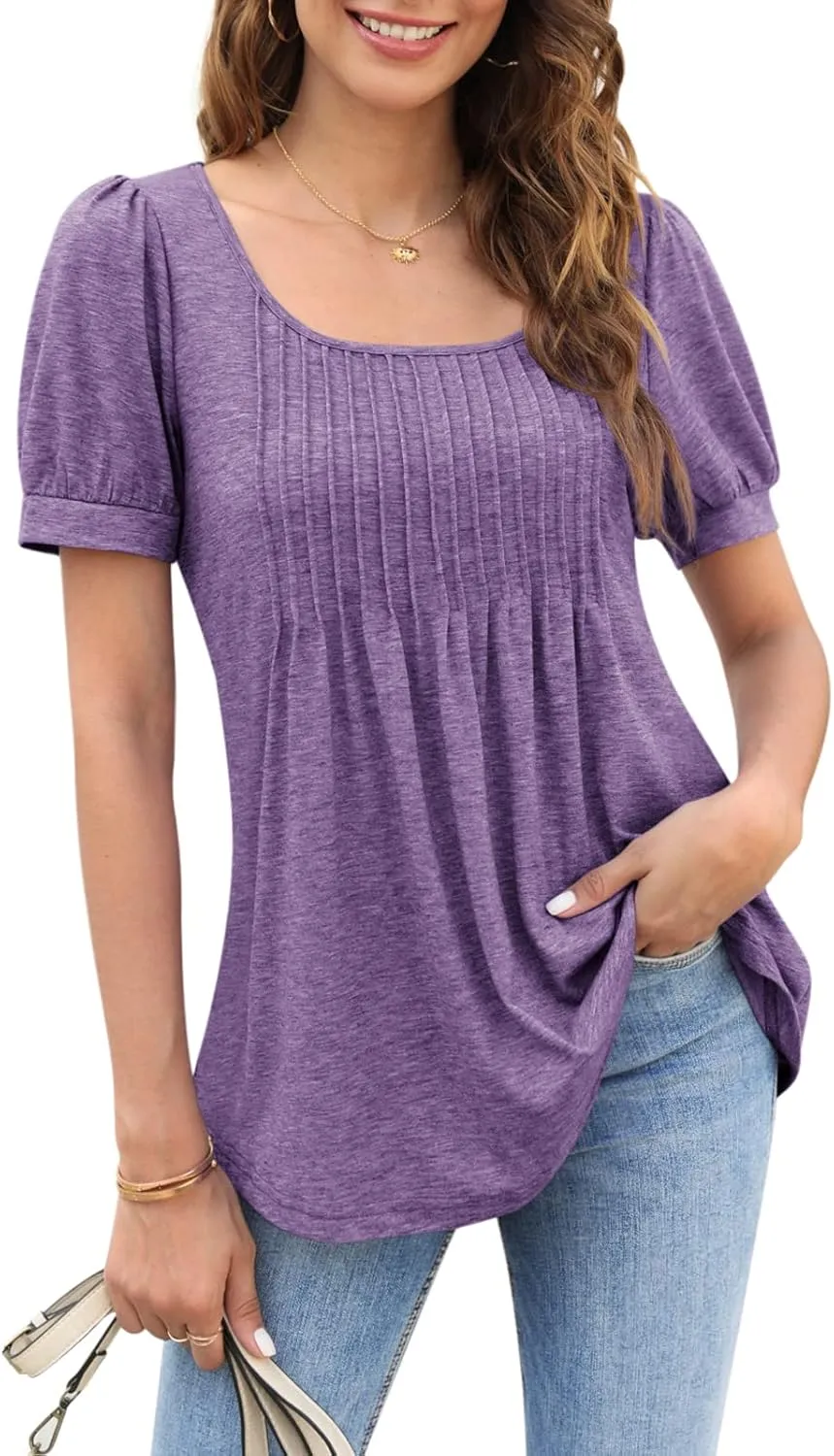 Zwurew Women's Summer Casual Puff Short Sleeve T-Shirts Square Neck Pleated Flowy Trendy Tunic Tops for Leggings S-2XL