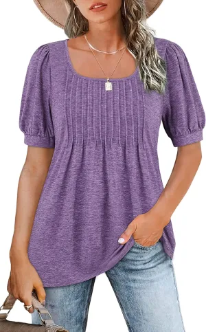 Zwurew Women's Summer Casual Puff Short Sleeve T-Shirts Square Neck Pleated Flowy Trendy Tunic Tops for Leggings S-2XL