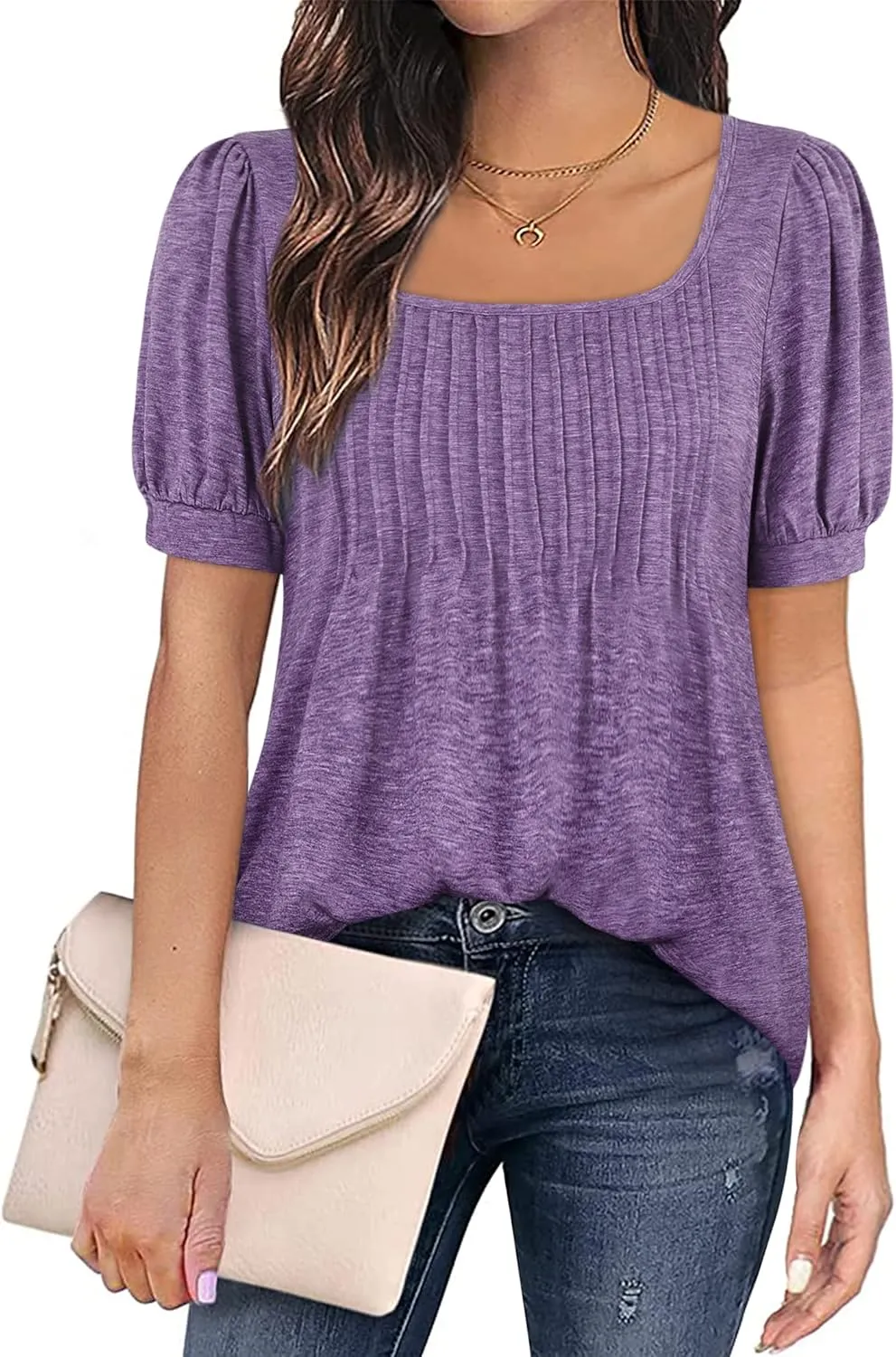 Zwurew Women's Summer Casual Puff Short Sleeve T-Shirts Square Neck Pleated Flowy Trendy Tunic Tops for Leggings S-2XL